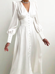 Satin Party Dress Single Breasted High Waist a Line Long Dress Deep v Neck Sexy Elegant Temperament Ol Style 2023 New Arrivals