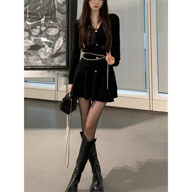 Knitted Sweater Dress Women Long Sleeve Slim Body Y2k Mini Dress Office Lady Elegant One Piece Dress Korean Fashion Autumn