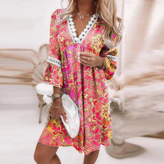 Hoobd Vintage Print Trumpet Sleeve Boho Beach Dress Women Fashion Lace Patchwork V-Neck Party Dresses Lady Loose A-Line Dress Vestidos