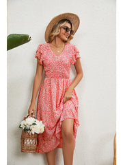 2023 Summer V-Neck Pleated Printed Chiffon Patchwork Waist-Tied Dress for Women