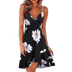 Hoobd S-2XL 17Colors Print Ruffles Sleeveless Fit Flare Dress Casual V-Neck Women Beach Party Entertainment Daily Suspender Wear