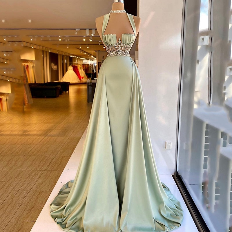 Hoobd Arabic Green Mermaid Evening Dress Elegant Sleeveless Halter Neck Soft Satin Beading Prom Dresses Long Party Gown