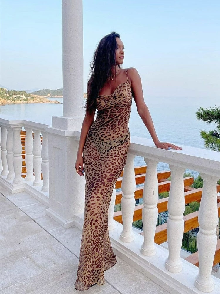 Hoobd Sexy Spaghetti Strap Leopard Long Sundress Maxi Dress Summer Clothing For Women Club Party Dresses Evening Beach Wear A1224