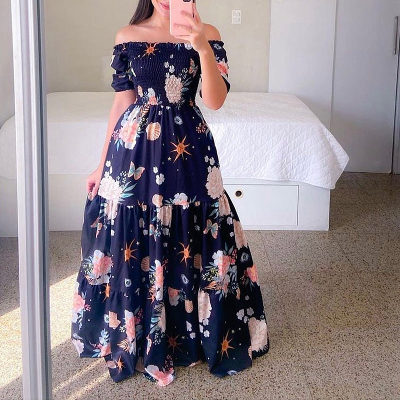 Hoobd Sexy Off The Shoulder Tube Top Dress Butterfly Rainbow Floral Print Dress Ladies Elegant Slim Summer Bohemian Party Maxi Dresses