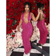 Sexy Halter Low Cut Backless Maxi Dress Women Sleeveless Pleated Slim Fit Robe 2023 Summer Beach Birthday Luxury Y2K Clothes