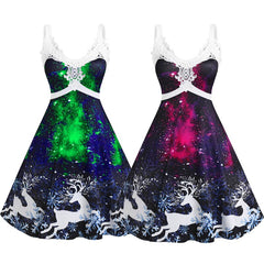 5XL Women Vintage Dresses Lace Panel Elk Print 3D Galaxy Christmas Dress Eyelets Mixed High Low Party Dress Vestido