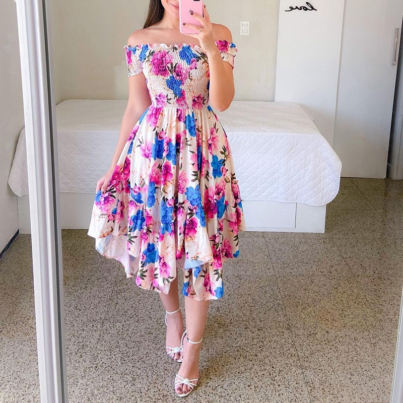 Hoobd Sexy Off The Shoulder Tube Top Dress Butterfly Rainbow Floral Print Dress Ladies Elegant Slim Summer Bohemian Party Maxi Dresses