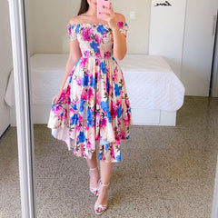 Hoobd Sexy Off The Shoulder Tube Top Dress Butterfly Rainbow Floral Print Dress Ladies Elegant Slim Summer Bohemian Party Maxi Dresses