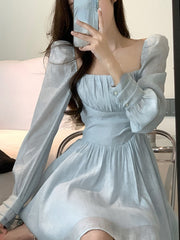 2023 Summer Pure Color Long Sleeve Office Lady Dress Outwear Beach Style Y2k Mini Dress Women Elegant One Piece Dress Korean