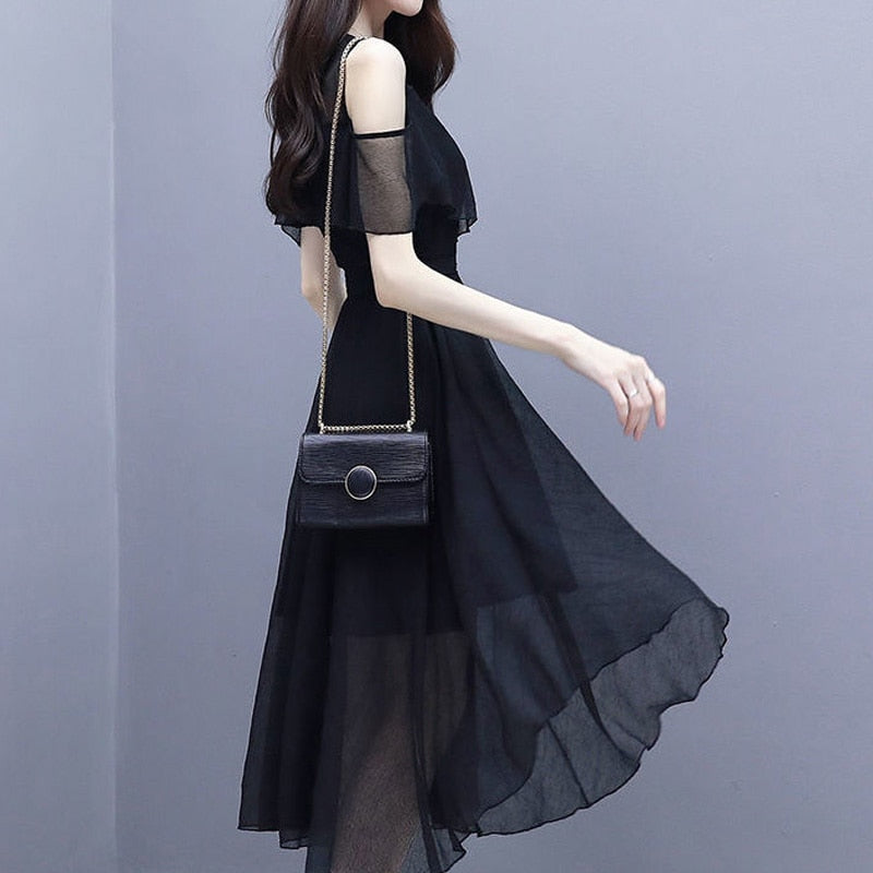 Hoobd Elegant Fashion V-neck Zipper Off Shoulder Short Sleeve A-LINE Dress Summer Black Solid Color Chiffon Empire Women&#39;s Clothing