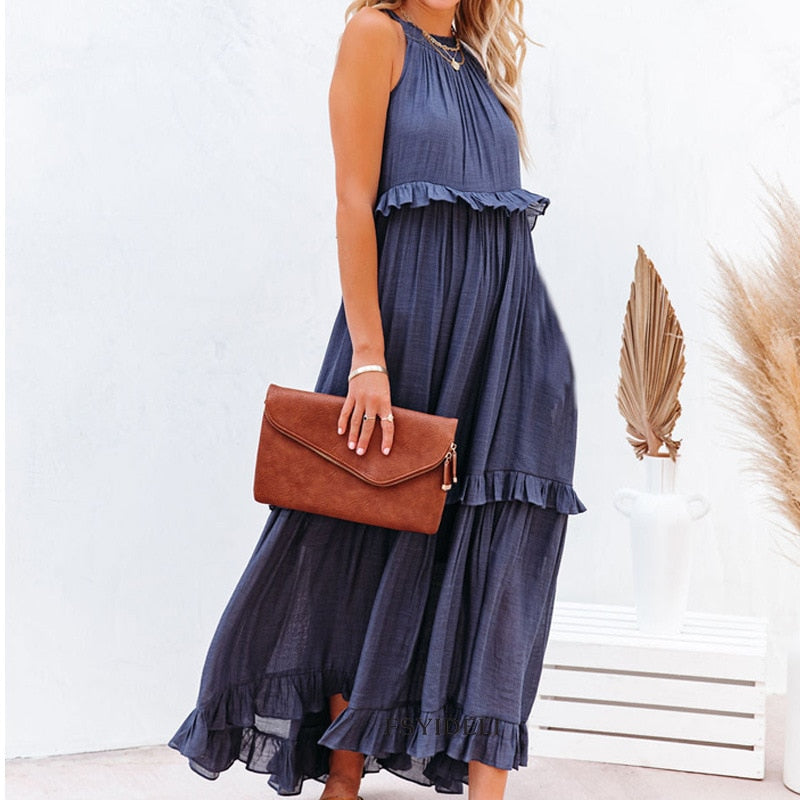 Summer Solid Color Ruffled Maxi Dress