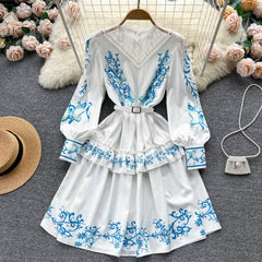 2023 New Fashion Ruffles Sleeve Lace Hollow Out Summer Dress Women's Print High Waist Runway Dress Vestidos Da Festa