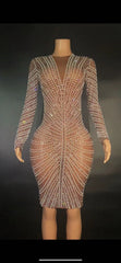 Hoobd Gray White Full Rhinestones Evening Long Sleeves Dress Birthday Celebrate Stage Wear Performance Dancer Singer Show plus size