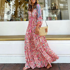 Hoobd Retro V-Neck Batwing Sleeve Long Dress Sexy Hollow Out High Waist Slit Boho Dress Women Elegant Floral Print Pleated Beach Dress