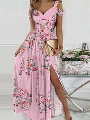 New Summer Elegant Sleeveless Dress Fashion V-Neck Slim Pleated Long Dress Sexy Ladies Off Shoulder Print Wrap Party Dress
