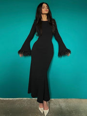 Casual Feather Patchwork Long Autumn Dress Streetwear Women Elegant Chic Autumn Winter Bodycon Evening Party Black Dresses 2023