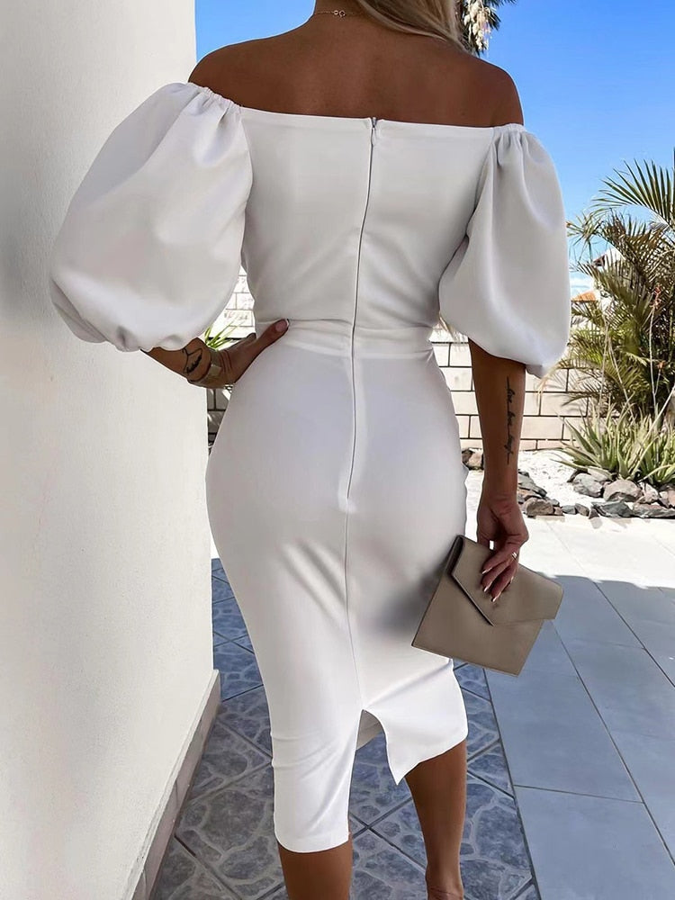 Hoobd Summer Sexy Off Shoulder Bodycon Party Dress Women Spring Solid Slim Office Midi Dress Elegant Puff Sleeve Female Dress Vestidos