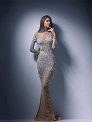 Elegant Women Turtleneck Mesh Sequin Fishtail Dresses Female Luxury Bodycon Sexy Long Sleeve Lady Evening Cocktail Prom Dress