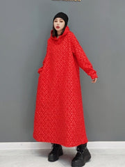 Hoobd2023 Autumn Winter New Leisure Jacquard Craft Hooded Dress Women Pure Color Large Size Pullover Dress Black