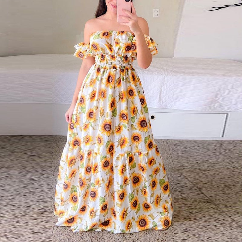 Hoobd Sexy Off The Shoulder Tube Top Dress Butterfly Rainbow Floral Print Dress Ladies Elegant Slim Summer Bohemian Party Maxi Dresses