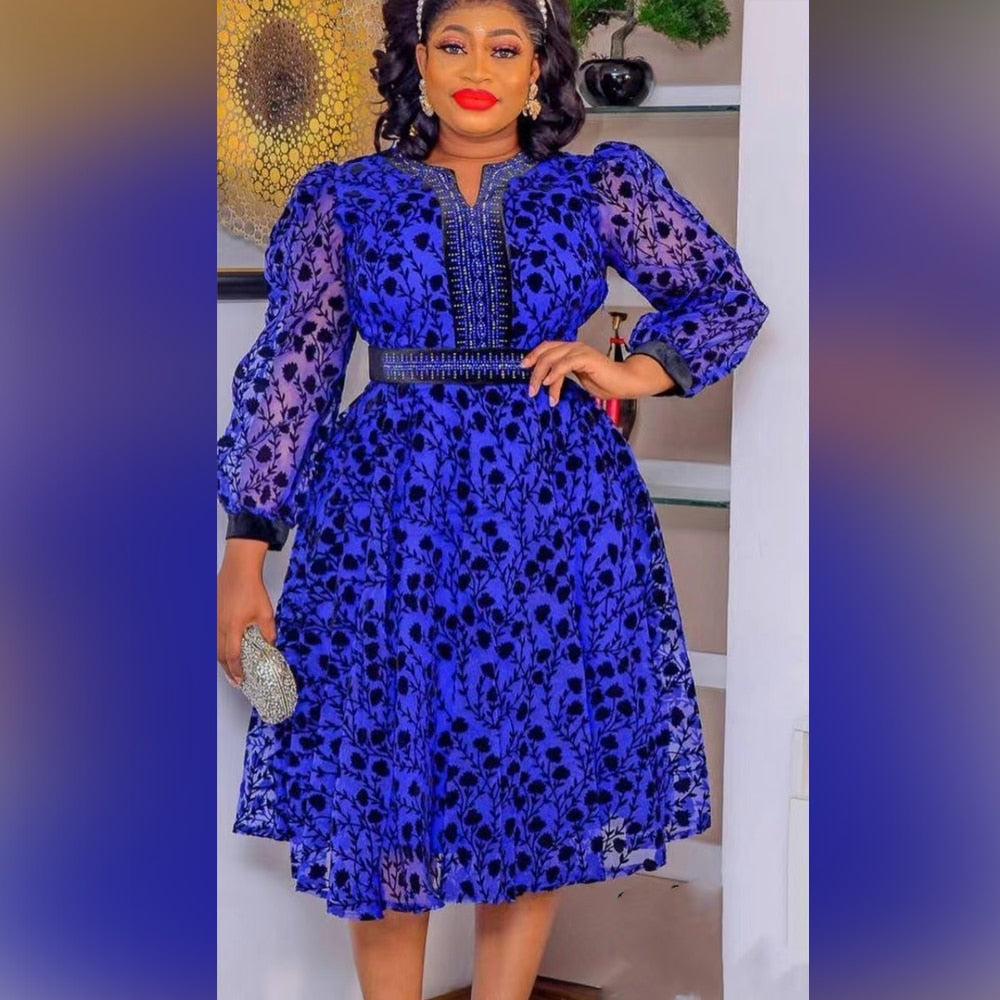 Floral Print Dresses Women Long Sleeve Elegant A-line Dress With Belt Fashion Evening Party Dresses Africa Female 2023 Summer