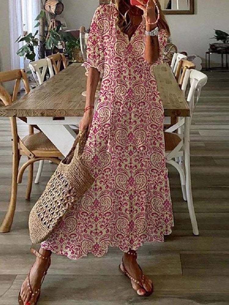 Hoobd Summer Fashion Floral Print Holiday Long Dress Casual Loose Drawstring Half Sleeve Dress Women V Neck Chic Ruffled Boho Dresses