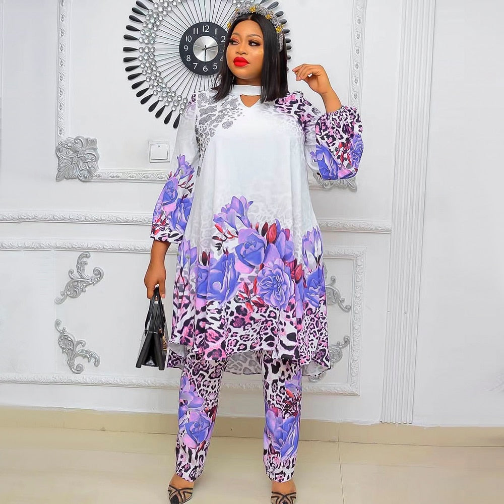 Hoobd2 Piece Set Plus Size Clothes Women Dashiki African 2023 Summer Chiffon Print Tops Pants Trousers Suits Ankara Party Outfits