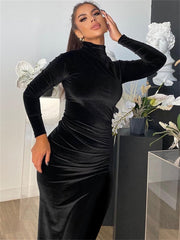Sexy Bodycon Maxi Velvet Dress Women Birthday Party Dress Turtleneck Zip Up Long Sleeves Black Dress