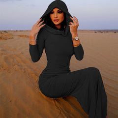 Hooded Long Sleeves Fitted Dress for Women 2023 Elegant Sexy Back Slit Bodycon Maxi Dresses Street Style