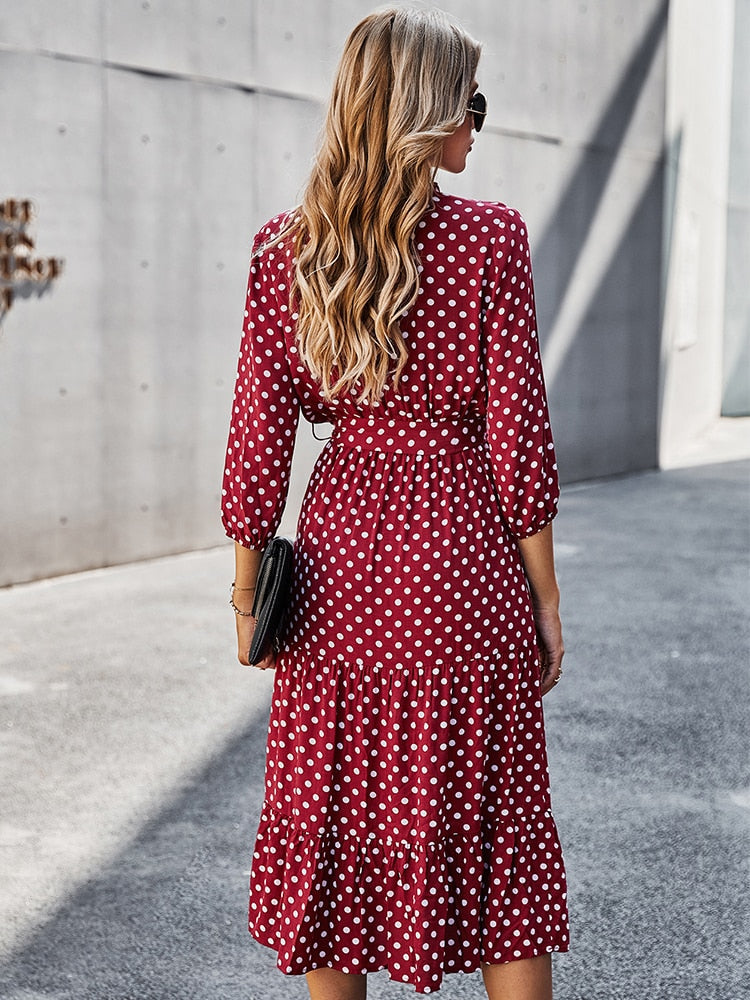 Hoobd Autumn Winter Dot Bandage Dress Women Casual Ruffles V Neck High Waist Slim Print Long Dress New Fashion