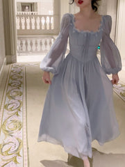 2023 Summer French Elegant Midi Dress Women Causal Long Sleeve Evening Party Dress Office Lady Fairy One Piece Dress Korean Chic