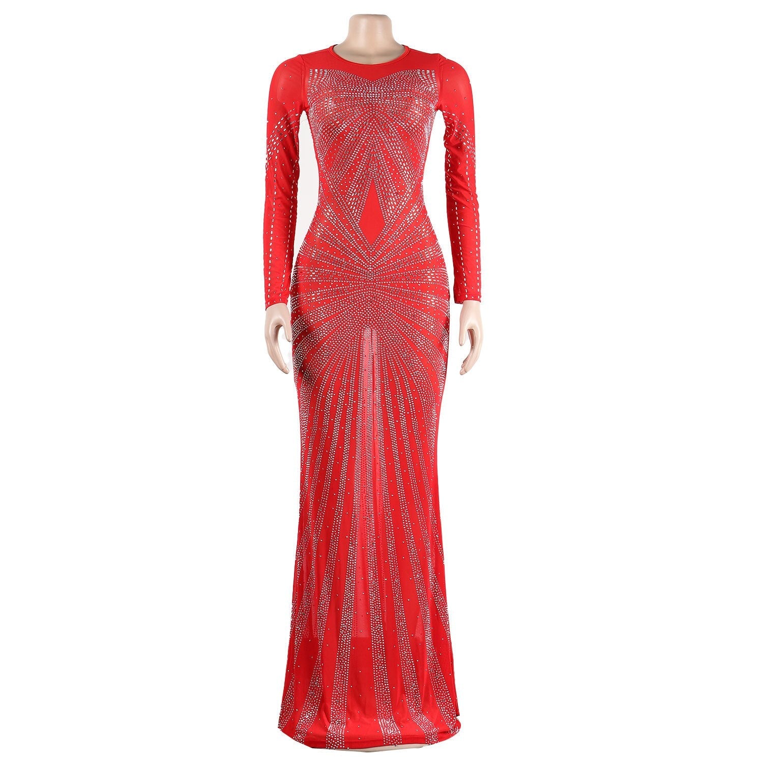 Hoobd Sexy Rhinestones Floor-length Evening Dresses Luxury Elegant Women's O-neck Long Sleeve See-through Mesh Night Club Long Dress