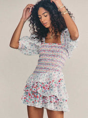 Hoobd mixed floral prints ruffled party dress puff sleeve square neck smocked sexy laides dress mini chic summer dress
