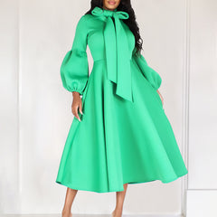 Hoobd2023 Autumn/Winter New Women's Dress Fashionable Bubble Sleeve Lacing Large Hem High Waist Dress Casual Elegant Women's Dress