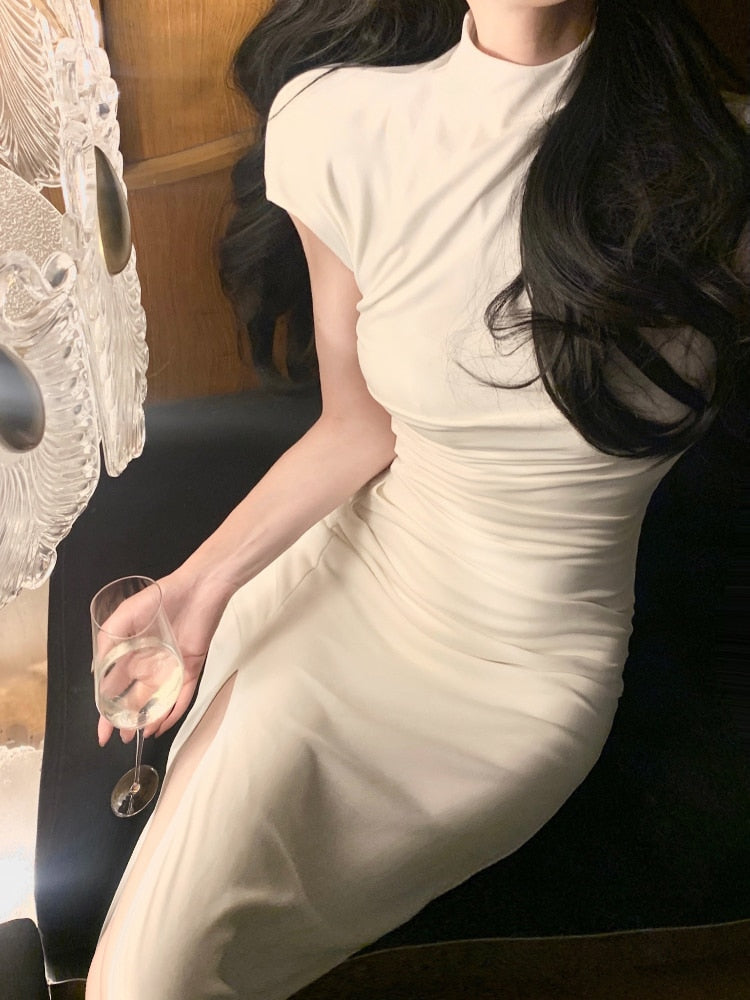 Office Lady Bodycon Slim Midi Dress Woman Pure Color Elegant Even Party DressTurtleneck Casual Korean Fashion Dress 2023 Spring
