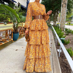 Boho Pattern Print Ruffle Summer Beach Dress Spring Elegant Turtleneck Office Ladies Dress Women Lantern Sleeve Long Party Dress