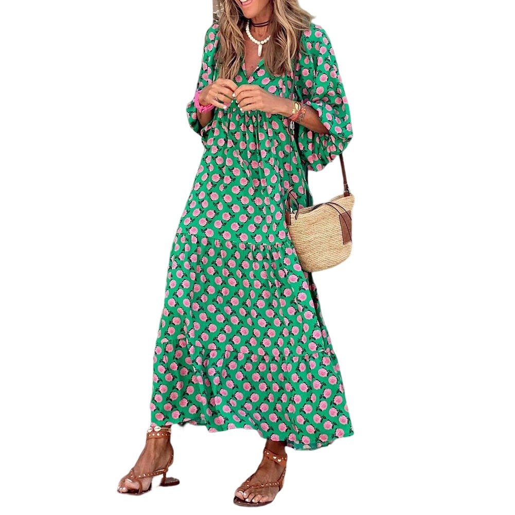 Women Vintage Bohemian Printing Beach Dress Fashion Bubble Sleeves V-Neck Long Dress Spring Summer Female Casual Loose Dresses