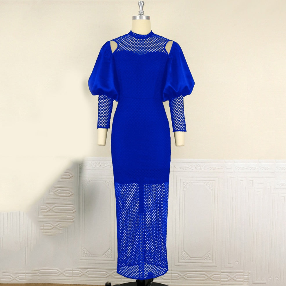 Hoobd Fall Party Dresses For Women Women Fashion New Dress Autumn Fall Blue Hollow Out Lantern Sleeve Bodycon High Waisted Ankle Length Luxury Wedding Birthday Hot