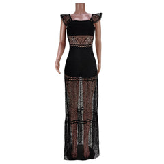 Perl Sexy Mesh Stitching Sling Zipper Dress See Through Lace Skirt Transparent Women's Clothing Charming Chic Outfit for Ladies