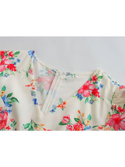 Women Floral Print Puff Short Sleeve Dress V Neck Romantic Ladies Holiday Summer Dresses French Style Vestido