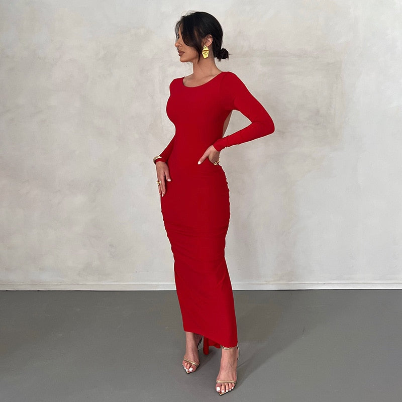 Hoobd Backless Maxi Dress Elegant Red Long Sleeve Sexy Ruched Bodyocn Evening Party Dress for Women 2023 Spring Slim Christmas Outfits