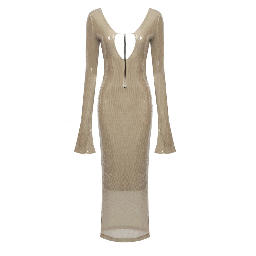 Hoobd VC Dresses For Women Deep V Plunge Sexy Long Sleeves Ankle Length Sequins Bodycon Clothes Evening Dress Vestido