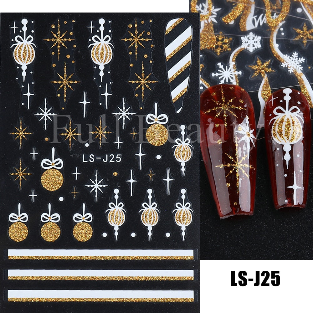 Christmas Nail Sticker 3D Reflective Shiny Glitter Gold Silver Snowflake Elk Bells Decal Slider For Manicure Decoration NLLS-J24