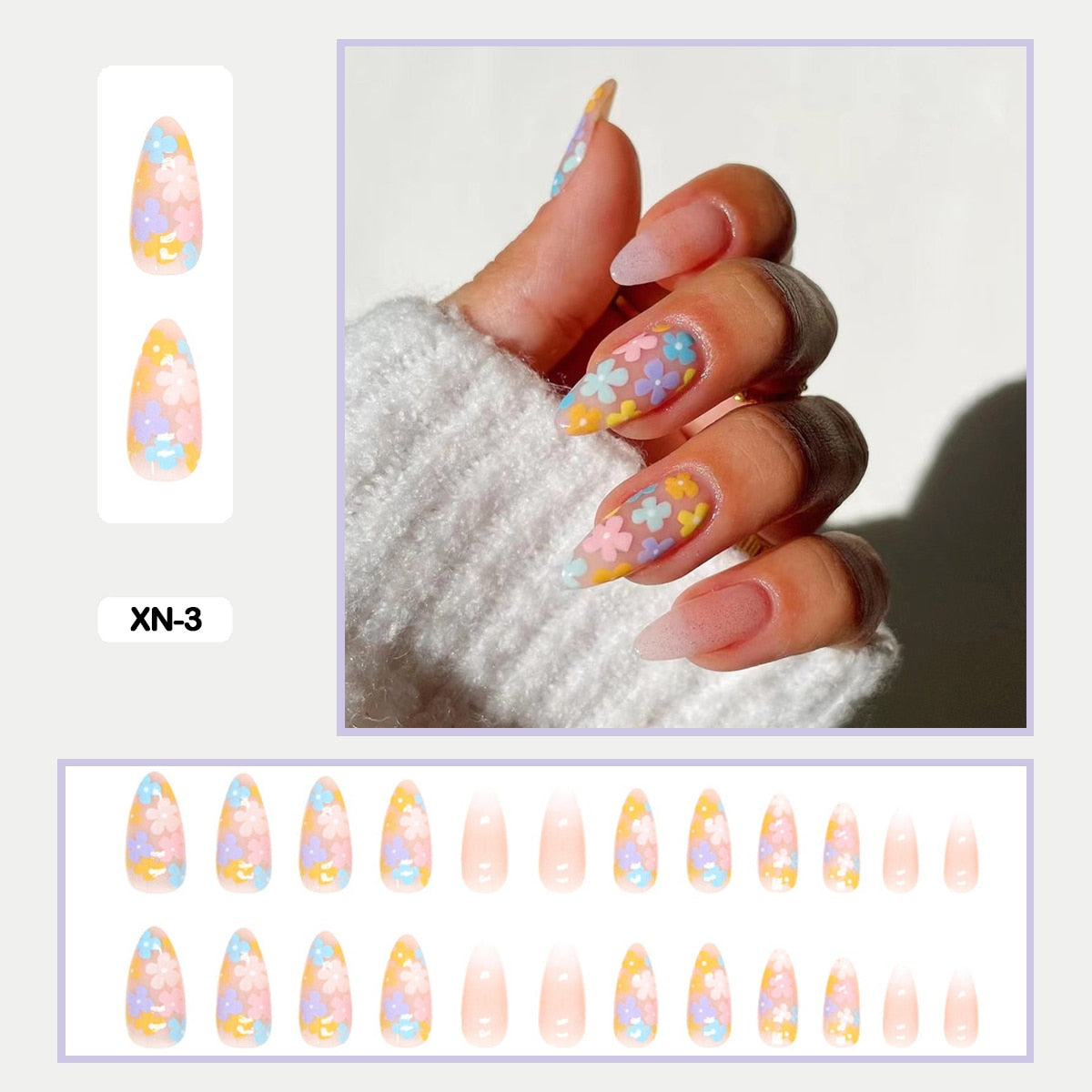 24pcs Girlish Colorful Graffiti Nail Art Fake Nails With Plants Flowers Patterns Short Press on False Nails With Wearing Tools