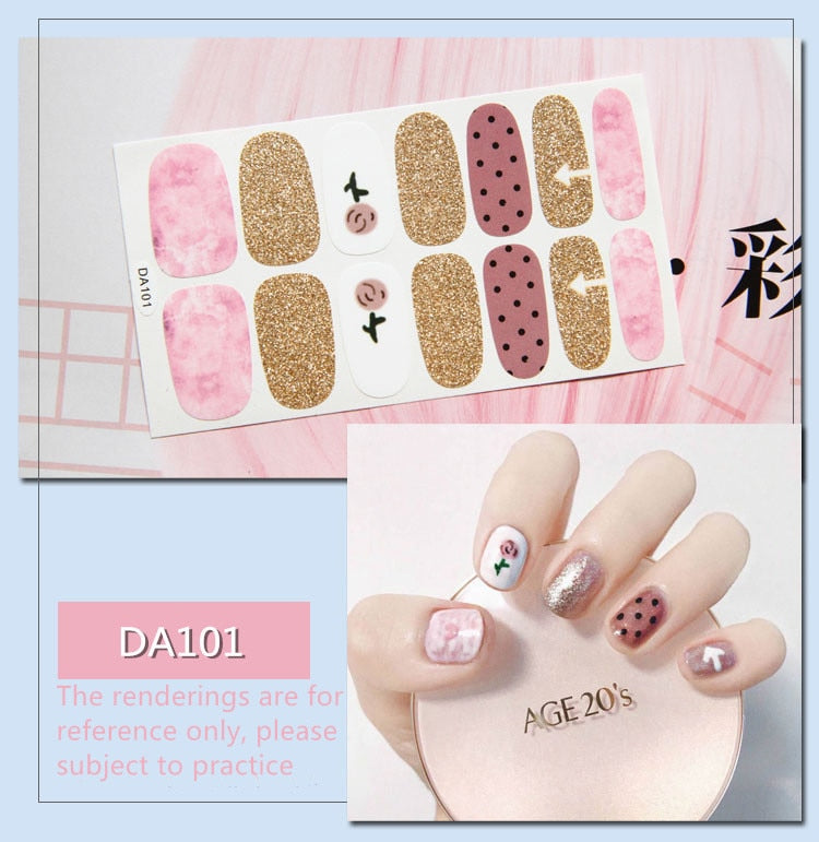 Full Cover Wraps Nail Polish Stickers Strips Plain Nail Art Decorations Heart Designs Glitter Powder Manicure Tips