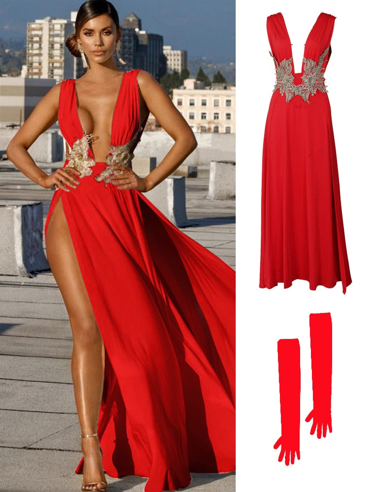 Hoobd Women Evening Party Dress Vestidos Long Maxi Dress Sexy Summer Deep V Neck Backless Dress High Slit Fashion Festival