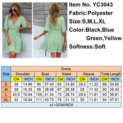 Casual Dress Women Spring Sexy Stresch Floral Dress Lady V Neck Short Sleeved A-line Skirt Girl High Waist Summer Clothes Female