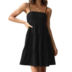 Hoobd Sexy Sleeveless Spaghetti Strap Swing Dresses For Women 2023 New Solid Color Beach Dress Summer Sling Sundress платье женское