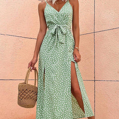 Hoobd Summer Floral Print Long Dress Women Sexy Backless Bandage Slit Beach Sundresses Casual Elegant Black V Neck Sleeveless Dress