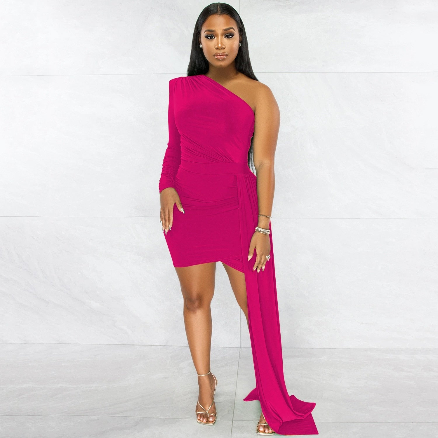 Hoobd Fall Party Dresses For Women 2023 Fashion Royal Blue Single Sleeve Long Strap Accent Mini Dresses Summer Womens Ruched Bodycon Party Dress Sexy Clubwear